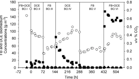 Fig. 3. Evolution of DCE and FB biomedium concentrations and outlet carbon dioxide (% v/v) in the BO system during the SAP experiment