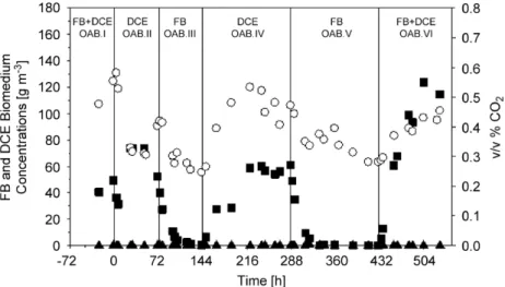 Fig. 5. Evolution of DCE and FB biomedium concentrations and outlet carbon dioxide (% v/v) in the OAB system during the SAP experiment