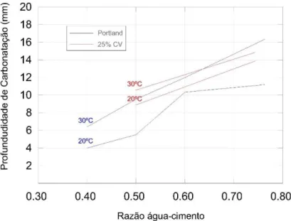 Figura 2.10  –  Influência da razão água-cimento e temperatura na profundidade de carbonatação  adaptado de  (2)