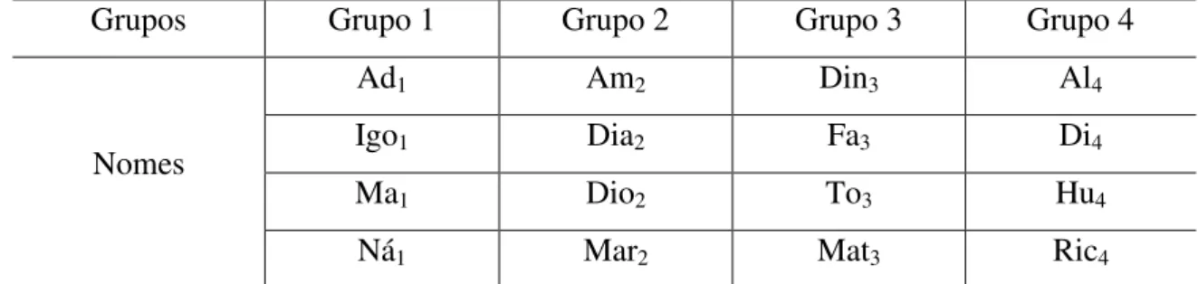 Tabela 1: Constituição dos grupos de trabalho. 