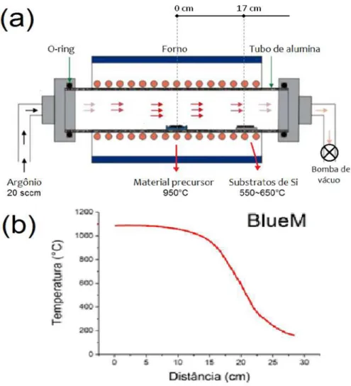 Figura 12: (a) Seção do forno utilizado para a síntese dos nanoos: o material precursor é colocado no centro do forno (0cm), região que atingirá 950 ◦ C durante a síntese, enquanto que os substratos são colocados a uma distância de aproximadamente 17 cm do