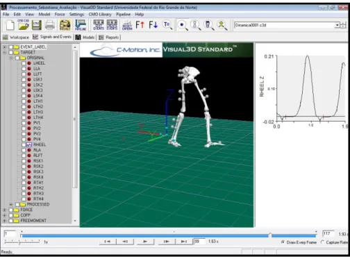 Figura 6: Processamento das coletas dinâmicas no software de análise  do  movimento  tridimensional  Visual  3D  para  determinar  as  variáveis  espaço-temporais  e  o  deslocamento  angular  do  quadril,  joelho  e  tornozelo