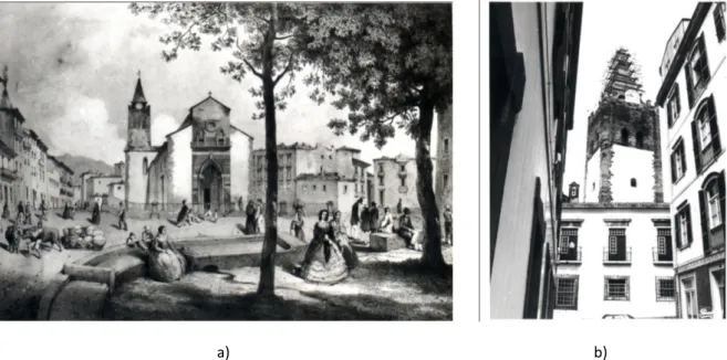 Figura 1: Sé Catedral: a) Igreja da Sé no passado; b) Trabalhos no coruchéu da Torre Sineira (foto cedida pela DRAC)