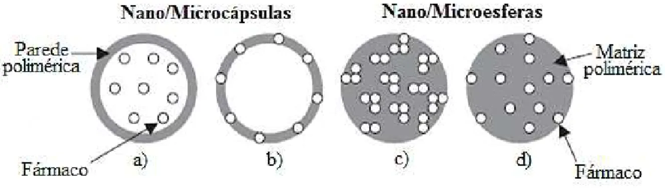 Figura 3 - Representação esquemática de nano/microcápsulas e nano/microesferas: a) fármaco  dissolvido no núcleo das nano/microcápsulas; b) fármaco adsorvido na parede polimérica; c) 