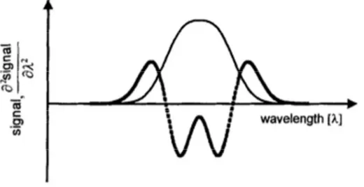 Figura  6.  Melhoria  na  definição  espectral  através  de  derivadas:  linha  sólida  representa  o  sinal  original  composto por dois picos de curvas Gausseanas sobrepostos, e a tracejado encontra-se a segunda derivada do  sinal original (Siesler [135]