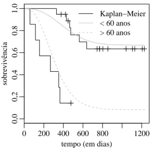 Figura 5.2: Kaplan-Meier e sobrevivˆencia estimada pelo modelo do tempo at´e a morte de pacientes com cˆancer de ov´ario, considerando a idade das pacientes (acima e abaixo de 60 anos).