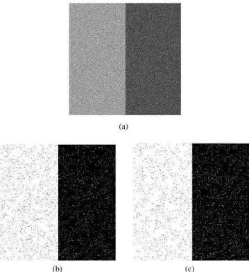 Fig. 3. Segmentation results: (a) noisy image, (b) Otsu’s method result (T = 126) and (c) proposed method result (T = 124).