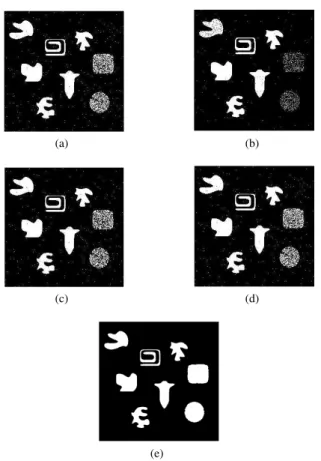 Fig. 6. Segmentation results of noisy image in Fig. 4: (a) Otsu’s thresholding result, (b) Classical K-means result, and (c)-(e) results by using the proposed method for cluster estimation, (in sequence): thresholding, K-means and level set algorithms.