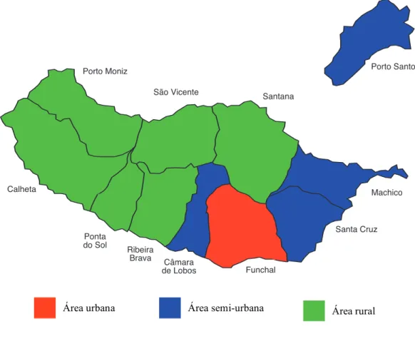 Figura 2.2  Representação cartográfica dos 11 concelhos da RAM e delimitação do meio: urbano, semi- semi-urbano e rural.