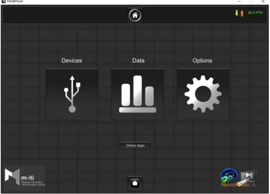 Figure 1.3: The Reh@panel main interface including three main categories, Devices, Data, Options and the online apps.