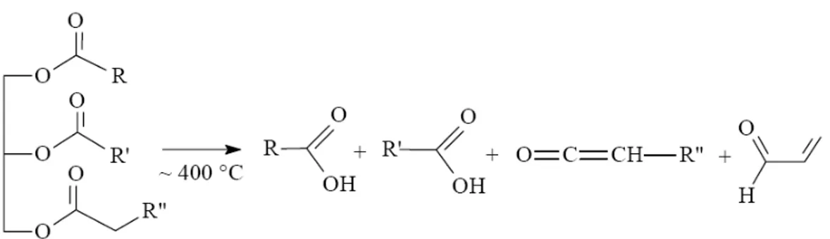 Figura 3.4-  Degradação do triglicerídeo formando ácido carboxílico, 2-propenal  e cetenos (QUIRINO, 2006) 