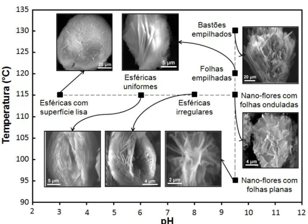 Figura  2.8  Mapa  da  morfologia  de  nano-partículas  de  Mg(OH) 2   em  diferentes  temperaturas  e  valores  de  pH  para  o  processo  de  crescimento  hidrotérmico  [35]