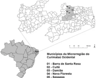 Figura 1: Mapa geográfico do Brasil destacando o Estado da Paraíba em maior  aumento, com ênfase nos municípios da microrregião do Curimataú Ocidental