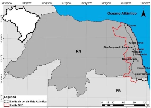 Figura  1  –  Limites  da  área  de  estudo  –  área  do  bioma  Mata  Atlântica  do  litoral  leste  do  Rio  Grande do Norte