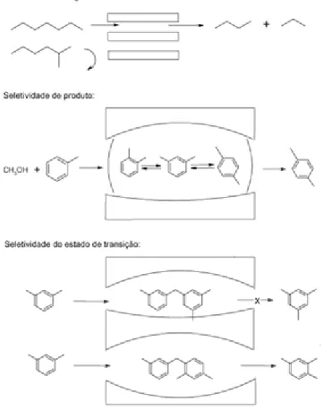 Figura 2.7 – Tipos de seletividade de forma para as peneiras moleculares (LUNA e SCHUCHARDT, 2001)