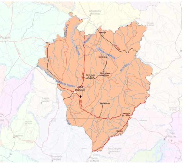 Figura 5: Mapa do município de João Pinheiro onde são apresentados seus distritos, rodovias e hidrografia