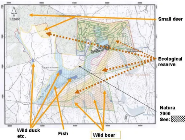 Figure 6 – Map of the property with descriptions of where the Ecological reserve and different animal species are  located 