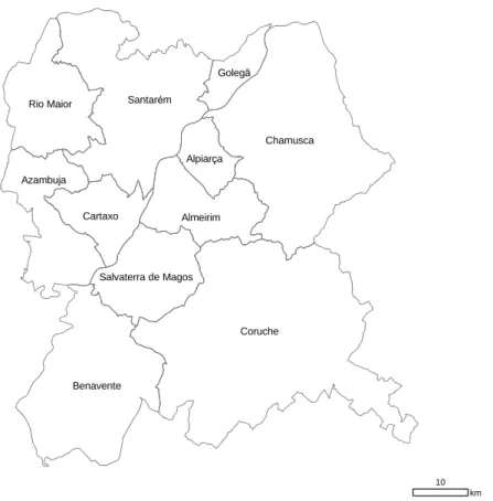 Figura 37. Localização dos concelhos da NUT III – Lezíria do Tejo (fonte: CAOP 2015)  Na Lezíria do Tejo é possível verificar a presença de azinheira na parte este e sul da NUT,  abrangendo essencialmente os concelhos de Coruche, Chamusca e Alpiarça