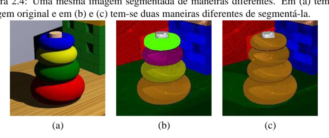 Figura 2.4: Uma mesma imagem segmentada de maneiras diferentes. Em (a) tem-se a imagem original e em (b) e (c) tem-se duas maneiras diferentes de segmentá-la.