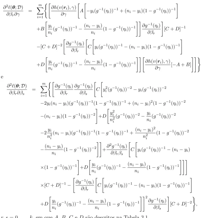 Tabela 3.1: Funções auxiliares no cálculo da matriz de informação de Fisher observada.