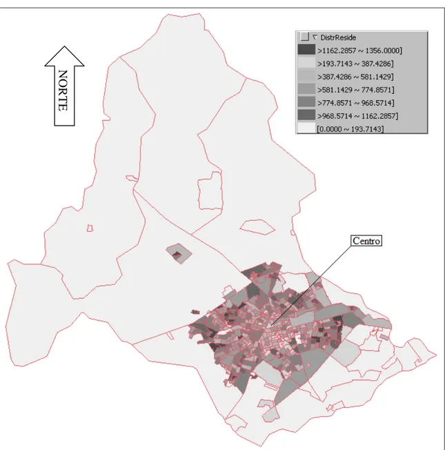 Figura 8: Densidade demográfica, por zonas censitárias, na cidade de Bauru [hab/km²] 