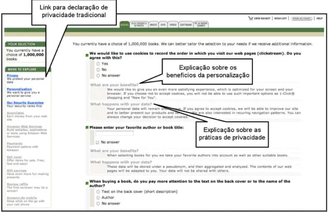 Figura 3.2: Interface para Comunicação Global e Contextual das Práticas de Privacidade e dos Benefícios da Personalização, adaptado de Kobsa e Teltzrow (2005).