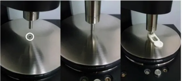 Figure 15 - Left: detail of the 1.5 mm IRE (the black spot inside the white circumference); centre: scanning without  the sample holder; right: scanning with the sample holder