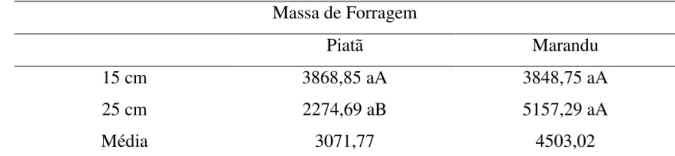 Tabela 4: Produção de Massa de Forragem para os capins piatã e marandu em duas alturas 310  de pós-pastejo, 15 e 25 cm