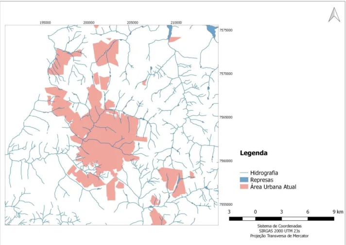 Figura 7  –  Mapa com a hidrografia na área urbana do Município de São Carlos. 