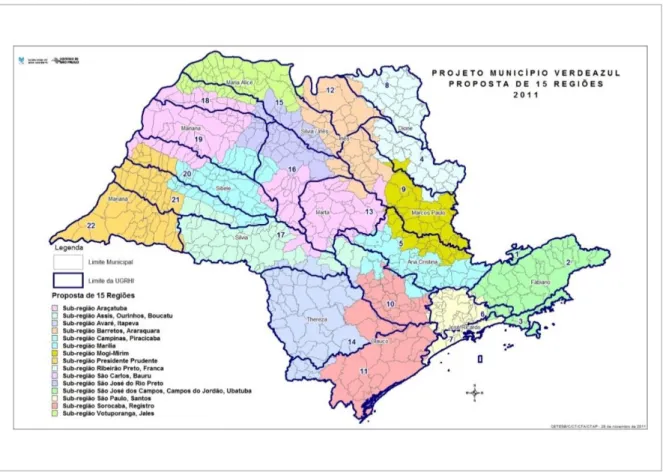 Figura 11 – Proposta de divisão regional do Estado de São Paulo em 15 regiões Administrativas,  segundo o Projeto Município Verde Azul de 2011