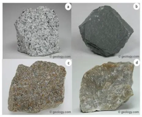 Figure 1. 2: Siliceous Stone: a) Granite, b) Slate, c) Sandstone, e) Quartzite. (Adapted from: 
