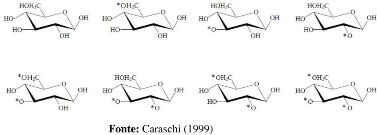 Figura 3.. Estruturas das oito possíveis unidades repetitivas presentes nas cadeias de  carboximetilcelulose 
