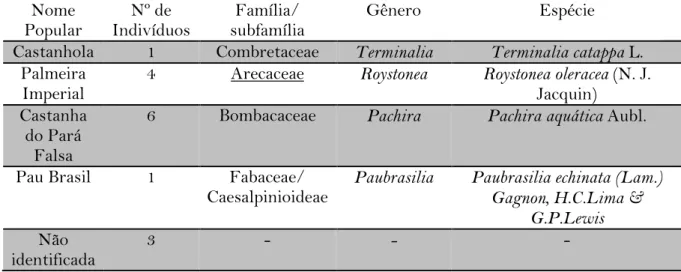 Tabela  11.  Distribuição  quantitativa  das  espécies,  número  e  percentual  de  ocorrência  dos indivíduos encontrados na arborização da Praça Luiz Pereira Lima no município de  Arapiraca – AL, 2012