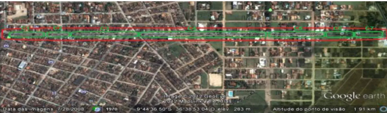 Figura  1.  Imagem  aérea  de  parte  da  zona  urbana  de  Arapiraca,  AL,  em  destaque  a  Avenida  Ceci  Cunha  com  7  canteiros  –  C1,  C2,  C3,  C4,  C5,  C6  e  C7