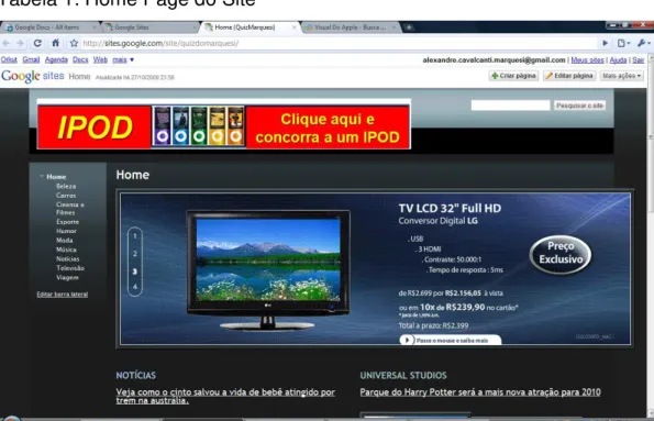 Tabela 1: Home Page do Site 