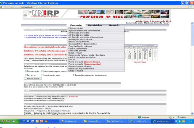 Figura  12:  Interface  PROFESSOR  NA  REDE  do  Ambiente  Virtual  de  Aprendizagem- AVA da UNIRP 
