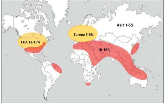 Figura 08. Prevalência Mundial da Urolitíase. Em vermelho, destacam-se as  incidências  de  10-15%  de  prevalência  de  cálculos  renais