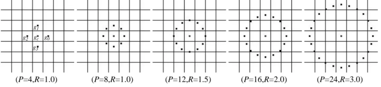 Fig. 1. Circularly symmetric neighbor sets for different (P,R).