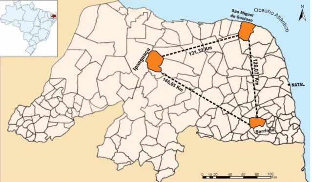 Figura 1: Localização geográfica das matrizes das diferentes populações de C. prunifera,  no estado do Rio Grande do Norte