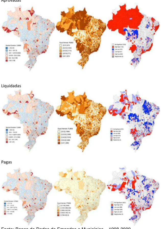 Figura 3: Mapas dos municípios beneficiários com o valor total de  emendas aprovadas, liquidadas e pagas (incluindo restos), Brasil  1998-2009