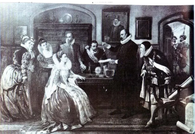 Ilustração 2: Arthur Ackland Hunt utilizou o retrato de William  Gilbert, mostrado anteriormente, para elaborar sua conhecida  pintura onde William Gilbert mostrava seus experimentos para a  Rainha Elizabeth e sua corte