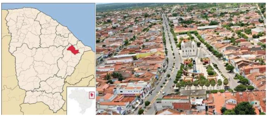 Figura 2: Mapa do Ceará com destaque a Russas-CE e foto aérea do centro da cidade 