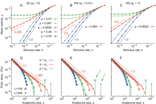 Figure 2. Determining the critical point. A) Response curves for the two-dimensional network, with varying transmission probability p