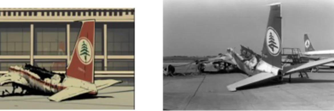 Figura 2  –  Do lado  esquerdo, vemos um frame  do filme Valsa  com Bashir, e do  lado direito uma  fotografia do  avião da Middle East Airlines destruído durante confrontos entre israelenses e  a Organização para Libertação da  Palestina (fonte da fotogra