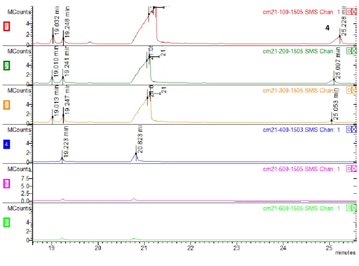 Figure 22: CM21 herbal incense chromatograms analysis of the samples submitted to 100, 200,  300, 400, 500 and 600 degrees Celsius in a muffle furnace (focus on the main peaks related to  the synthetic cannabinoids)