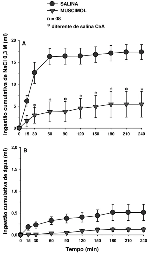 Figura 2. Ingestão cumulativa de A) NaCl 0,3 M e B) água em ratos submetidos a 24 horas  de depleção de sódio e que receberam injeções bilate rais de muscimol (0,25 nmol/0,2 μl) ou  salina no CeA