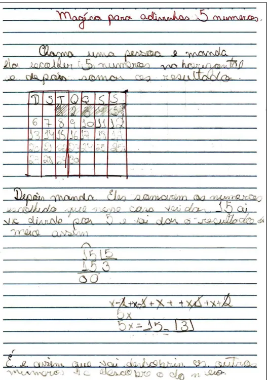 Figura 13. Anotações de aluno sobre a mágica de adivinhação de cinco números conse- conse-cutivos escolhidos secretamente em um calendário