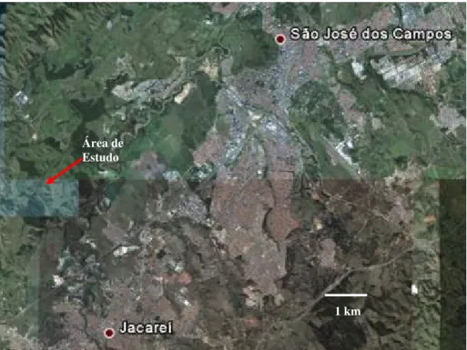 Figura 3: Fotografia aérea da área de estudo , mostrando áreas de coleta de dados.    