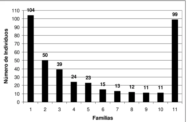 Figura 8: Distribuição do número de indivíduos por família. 1- Leguminosae, 2 –  Euphorbiaceae, 3 – Cecropiaceae, 4 – Myrtaceae, 5 – Verbenaceae, 6-  Bignoniaceae, 7 – Compositae, 8 – Melastomataceae, 9 – Apocynaceae, 10  – Palmae, 11- outras 