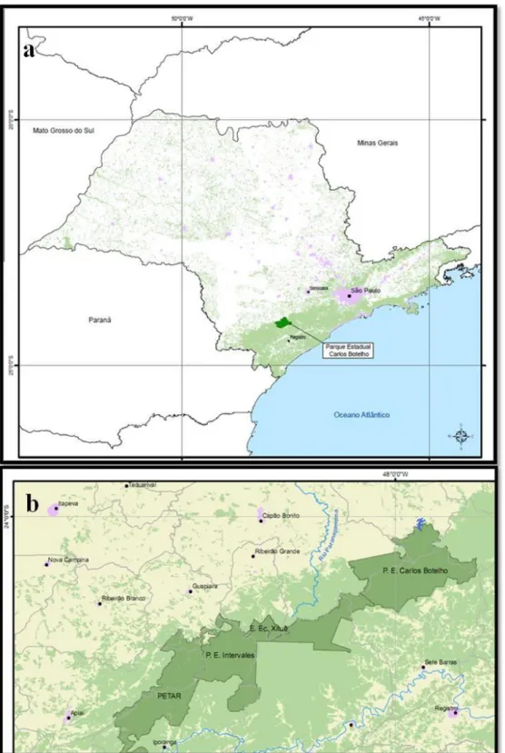 Figura 2. Mapa de localização do Parque Estadual Carlos Botelho na região sudoeste do  estado de São Paulo (a)